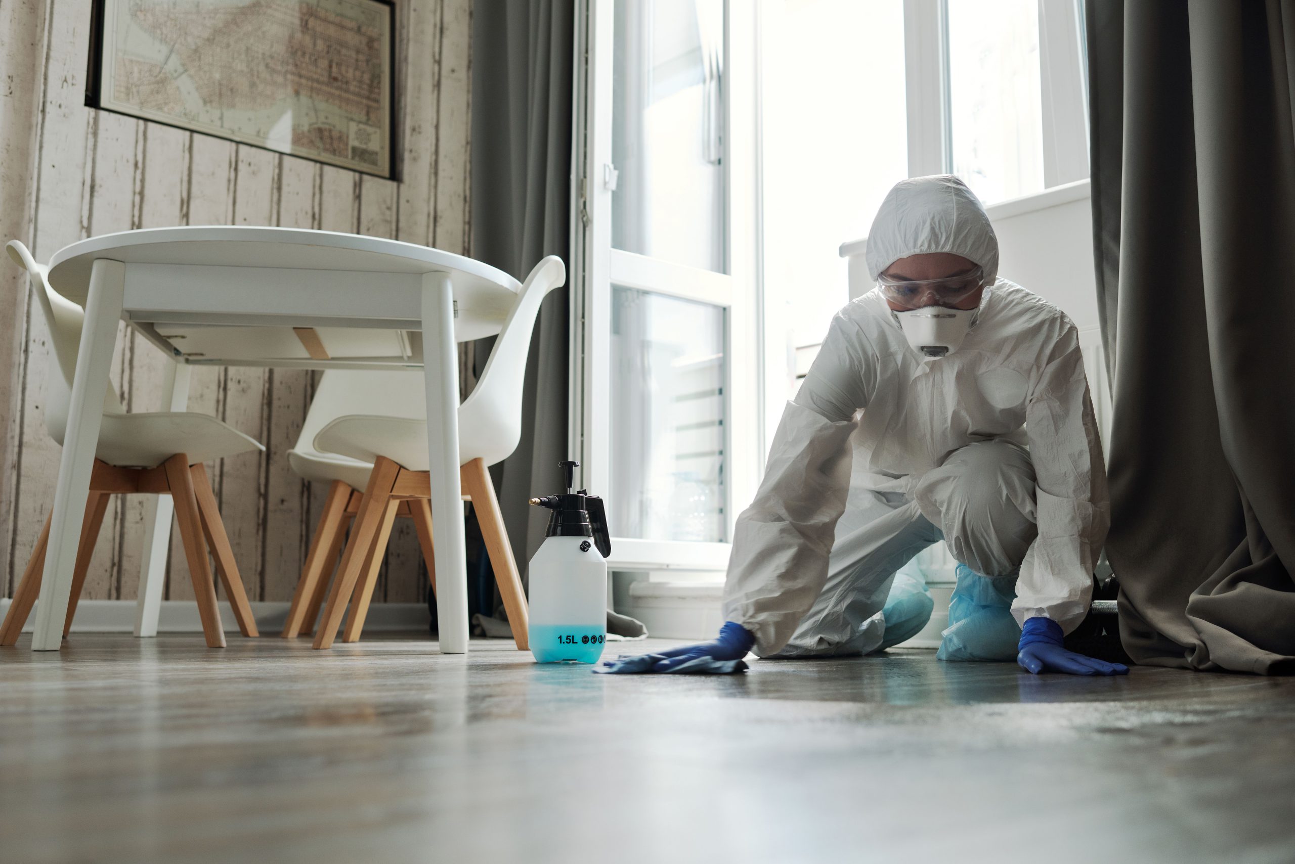 Professional in hazmat suit cleaning floor indoors